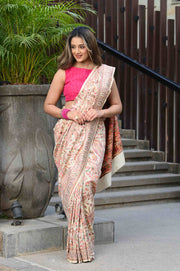 Kashida Salt White Jamewar Kashmiri Soft Modal Silk Saree